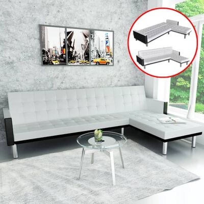Sofá-cama branco em L com estrutura preta e pernas metálicas em sala moderna com mesa de vidro e vista para jardim