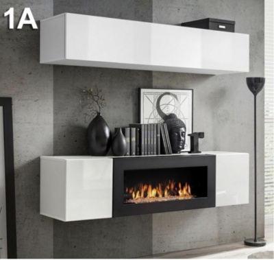 Móvel branco com lareira elétrica embutida e decoração sobre armário suspenso em parede cinza