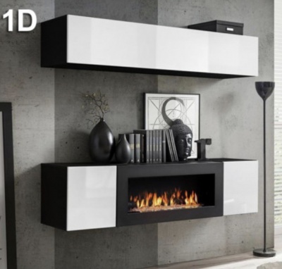 Conjunto de móveis suspensos com lareira embutida e decoração moderna