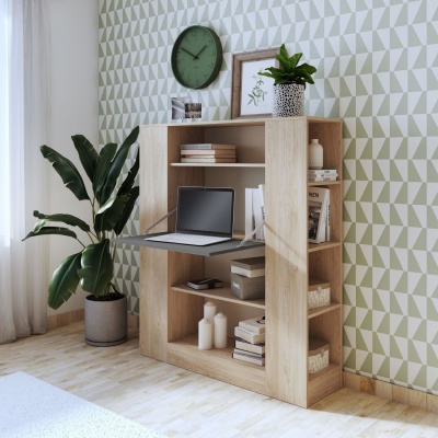 Móvel de madeira clara com secretária dobrável cinzenta, livros e planta, relógio verde e papel de parede geométrico