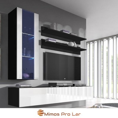 Móvel moderno de sala de estar com armário azul e preto, prateleiras pretas, móvel branco com superfície preta e cortinas brancas