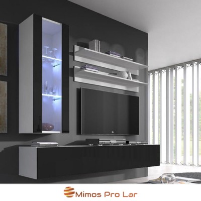 Conjunto de móveis suspensos modernos para sala, cores preto e branco, com TV e iluminação LED