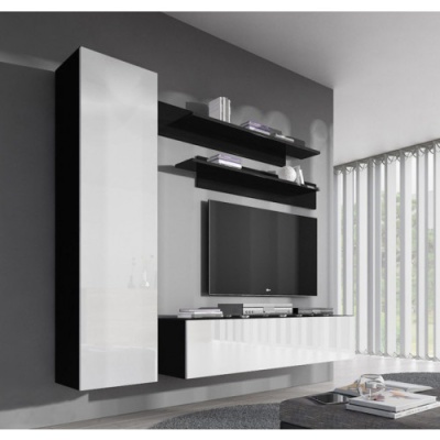Móvel de sala modular preto e branco com televisão e prateleiras numa parede cinzenta