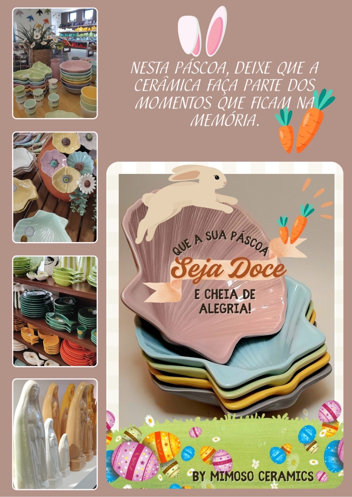 Artigos de cerâmica colorida, pratos em forma de concha, canecas, pratos variados e estátuas com texto promocional em português