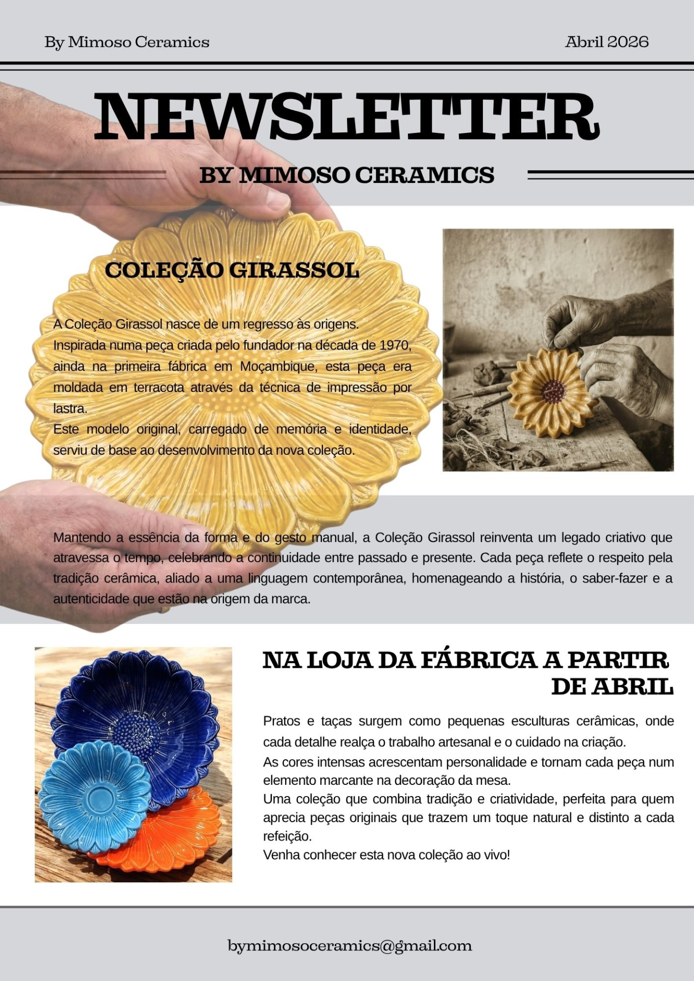 Newsletter com pratos e taças cerâmicos em forma de girassol em várias cores