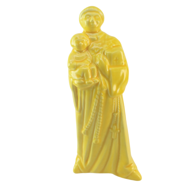 Estatueta amarela em cerâmica de santo segurando uma criança