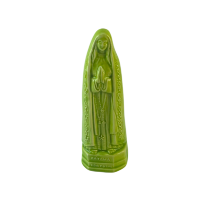 Estatueta verde de Nossa Senhora de Fátima em cerâmica
