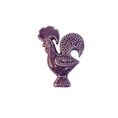 Figura decorativa de cerâmica roxa em forma de Galo de Barcelos