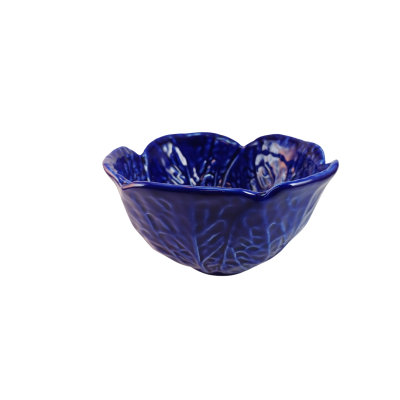 Tigela cerâmica azul em forma de flor com textura de folhas