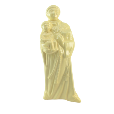 Estatueta amarela de Santo António segurando Menino Jesus