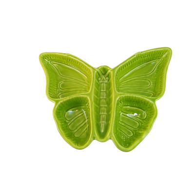 Prato cerâmico verde em forma de borboleta com relevo e superfície brilhante