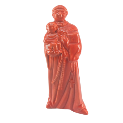 Estátua vermelha em cerâmica de santo com criança, com corda e crucifixo