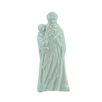 Estatueta decorativa azul claro em cerâmica com figura religiosa