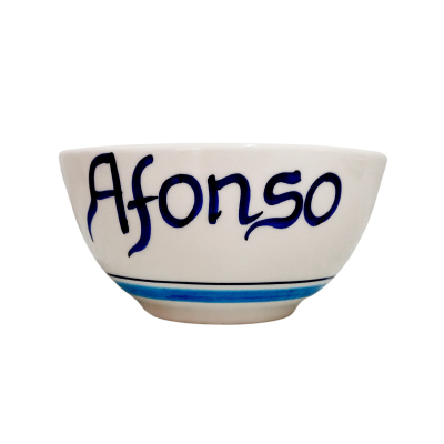 Taça de cerâmica branca com nome Afonso em azul