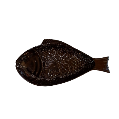Prato em cerâmica castanho em forma de peixe