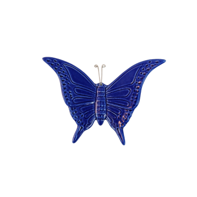 Borboleta decorativa em cerâmica azul escuro com antenas metálicas