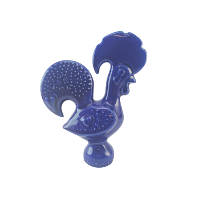 Figura decorativa de galo azul em cerâmica com texto PORTUGAL na base
