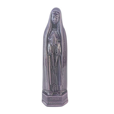 Estátua cerâmica roxa de Nossa Senhora de Fátima com rosário e base com texto