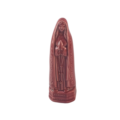 Estátua de Nossa Senhora em cerâmica castanha com terço e base com texto