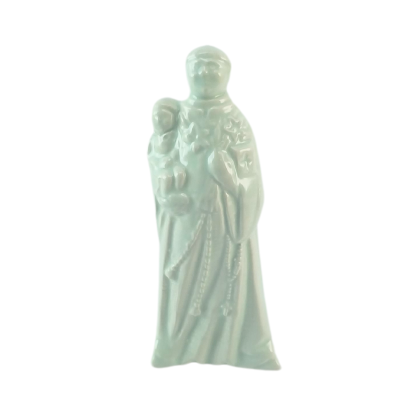 Estatueta cerâmica verde de figura religiosa com criança ao colo