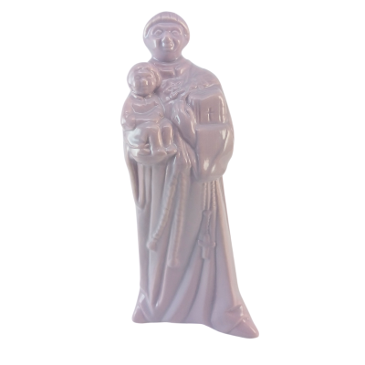 Estátua lilás de Sant'ana em cerâmica segurando criança