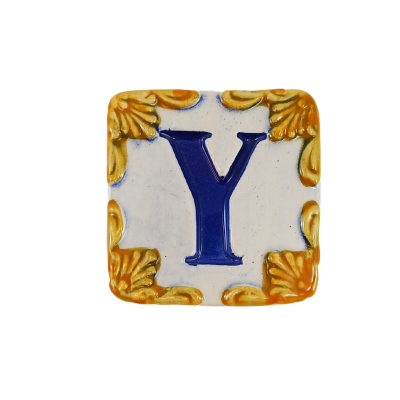 Azulejo quadrado cerâmica com letra Y azul e cantos dourados