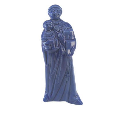 Estátua religiosa azul em cerâmica com figura masculina e criança