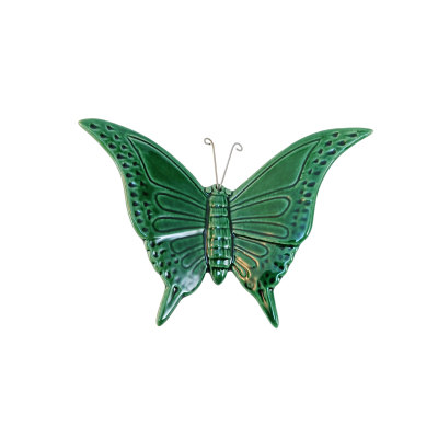 Figura decorativa de borboleta verde em cerâmica brilhante com antenas metal