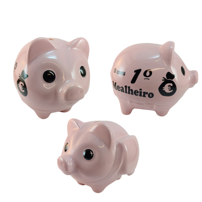 Cofre porquinho rosa com texto e símbolo de euro