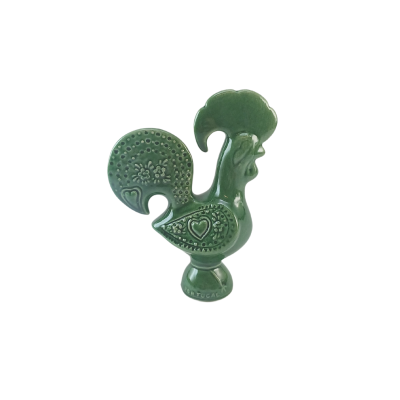 Estátua verde do Galo de Barcelos em cerâmica com base e padrão decorativo