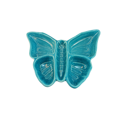 Prato decorativo em cerâmica formato borboleta azul turquesa