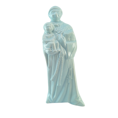 Estatueta azul celeste de santo com criança em cerâmica