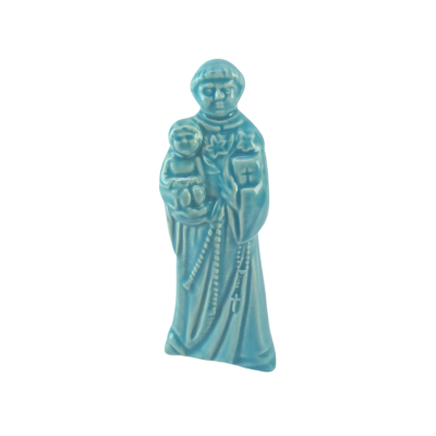 Figurine religiosa de cerâmica azul com criança e contas