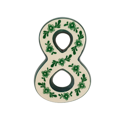 Número 8 de cerâmica branco com flores verdes