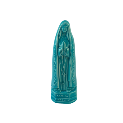 Estátua azul turquesa de Nossa Senhora de Fátima em cerâmica com base