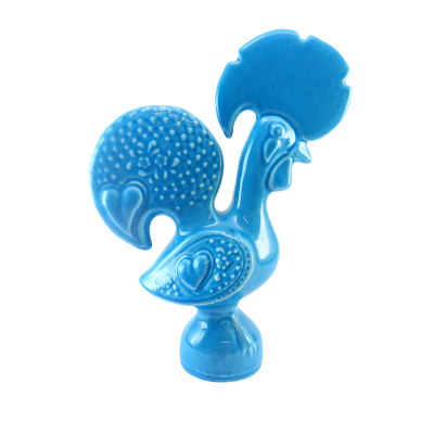 Figura decorativa de galo azul em cerâmica com padrões em relevo