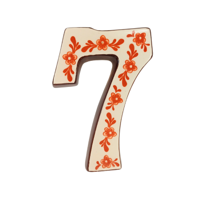 Número 7 cerâmico branco decorado com flores laranja