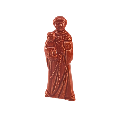 Estatueta São António cerâmica castanha brilhante segurando menino Jesus e livro