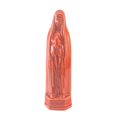 Estátua cerâmica cor terracota da Virgem de Fátima com base inscrita