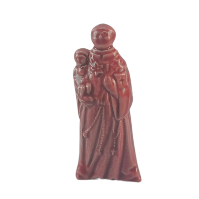 Estátua castanho-avermelhada de São António segurando uma criança