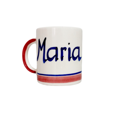 Caneca branca com asa vermelha e escrita 
