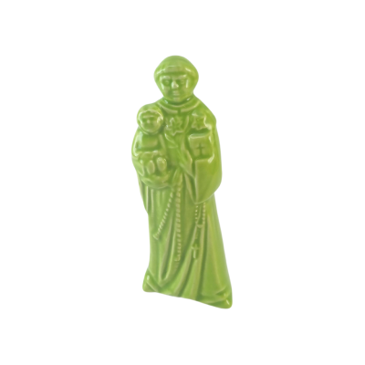 Estatueta verde de figura religiosa com criança ao colo