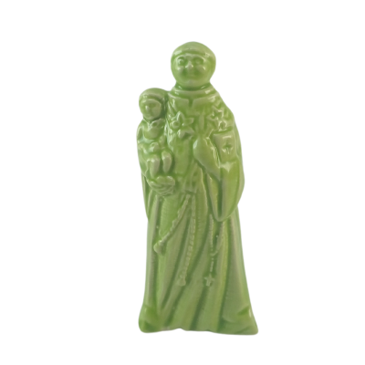 Figura decorativa verde de santo com criança em cerâmica