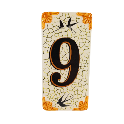 Número cerâmico decorativo 9 com andorinhas e detalhes laranja