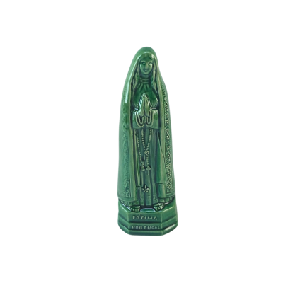 Estatueta verde da Nossa Senhora de Fátima em cerâmica com inscrição na base