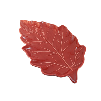Prato decorativo vermelho em forma de folha de cerâmica