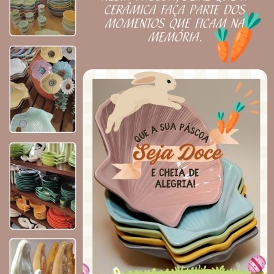 Artigos de cerâmica colorida, pratos em forma de concha, canecas, pratos variados e estátuas com texto promocional em português