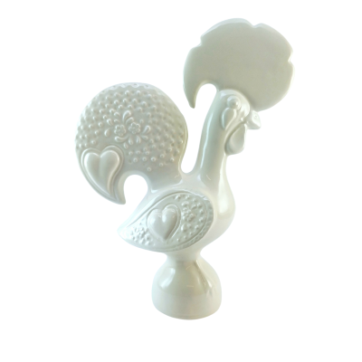 Figura decorativa em cerâmica branca em forma de Galo de Barcelos