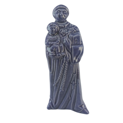 Figura decorativa de religioso em cerâmica azul com criança ao colo
