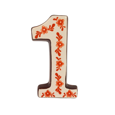 Número decorativo '1' em cerâmica branca com flores laranja